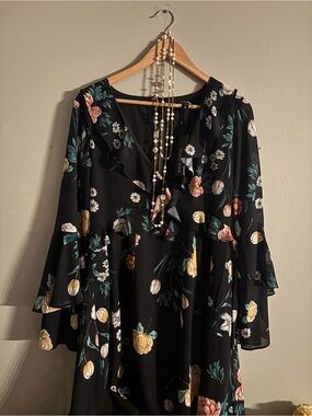 Yumi Kim Black Floral Ruffle dress/tunic with Pink and Yellow Blooms